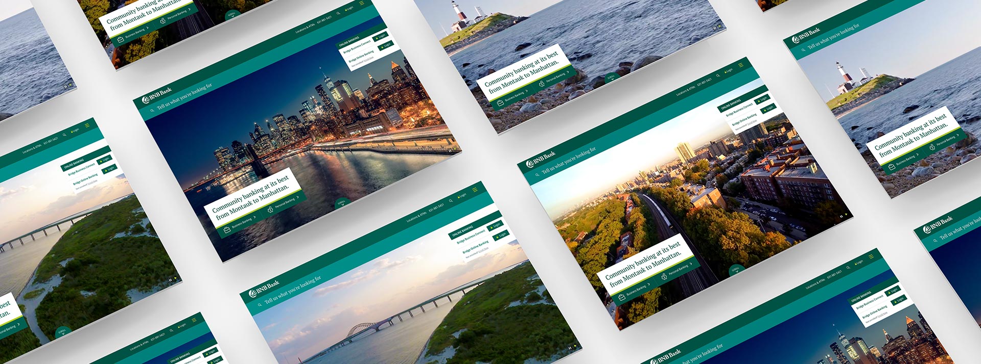 BNB Bank homepage screens showing location for Manhattan, Suffolk County, Nassau County and Queens