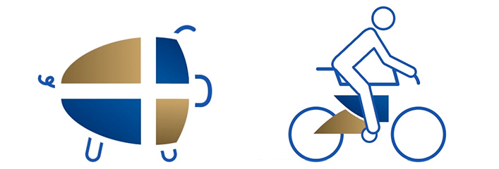 Showing custom icons of the piggy bank and bicyclist in which pieces of the OFFCU logo is being used