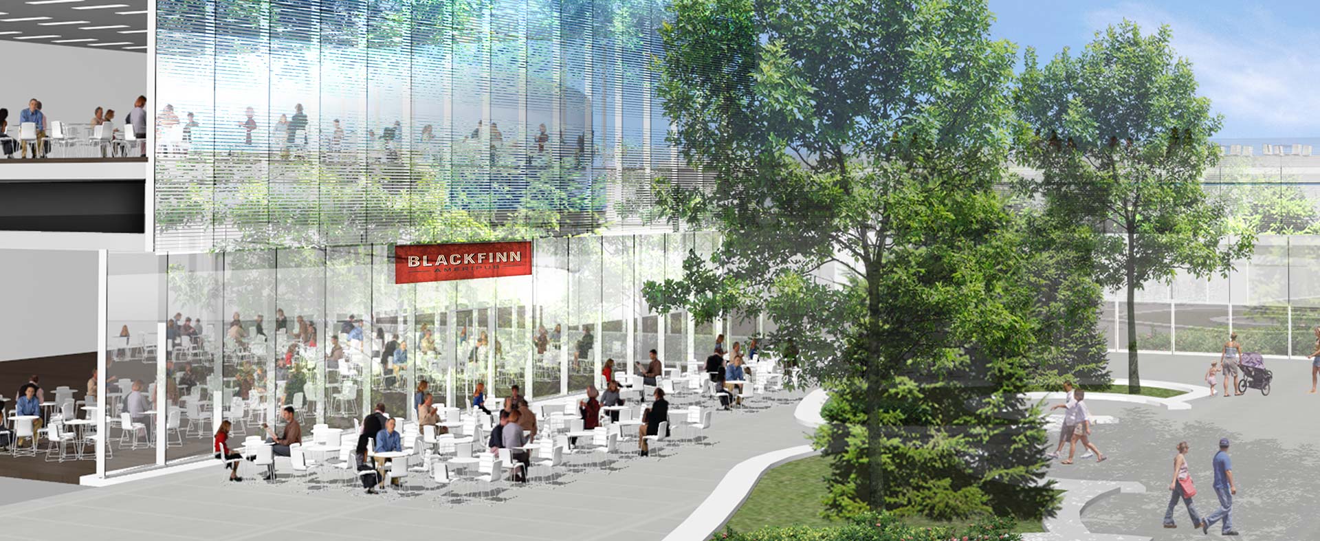 A modern outdoor dining area with multiple tables and chairs, filled with people, showcases stunning bld architecture. The setting is adjacent to a building with glass walls, displaying the sign 