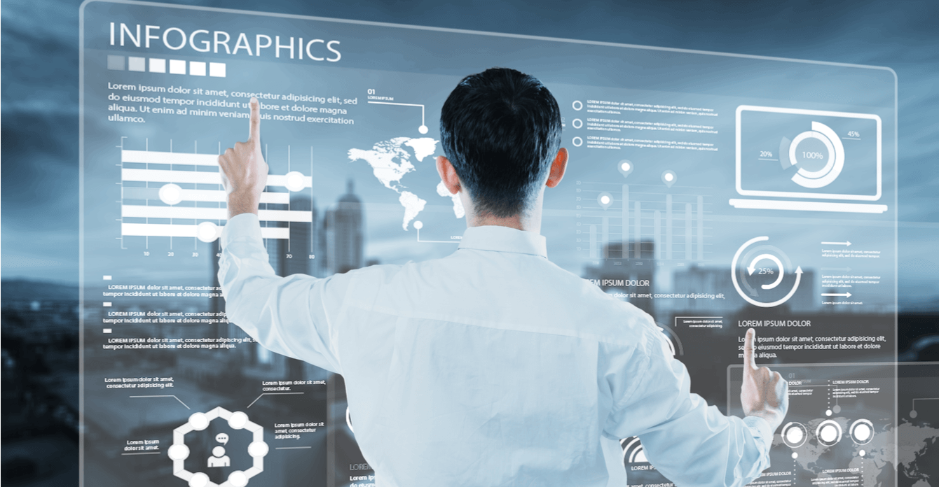 man analyzing infographics on digital board