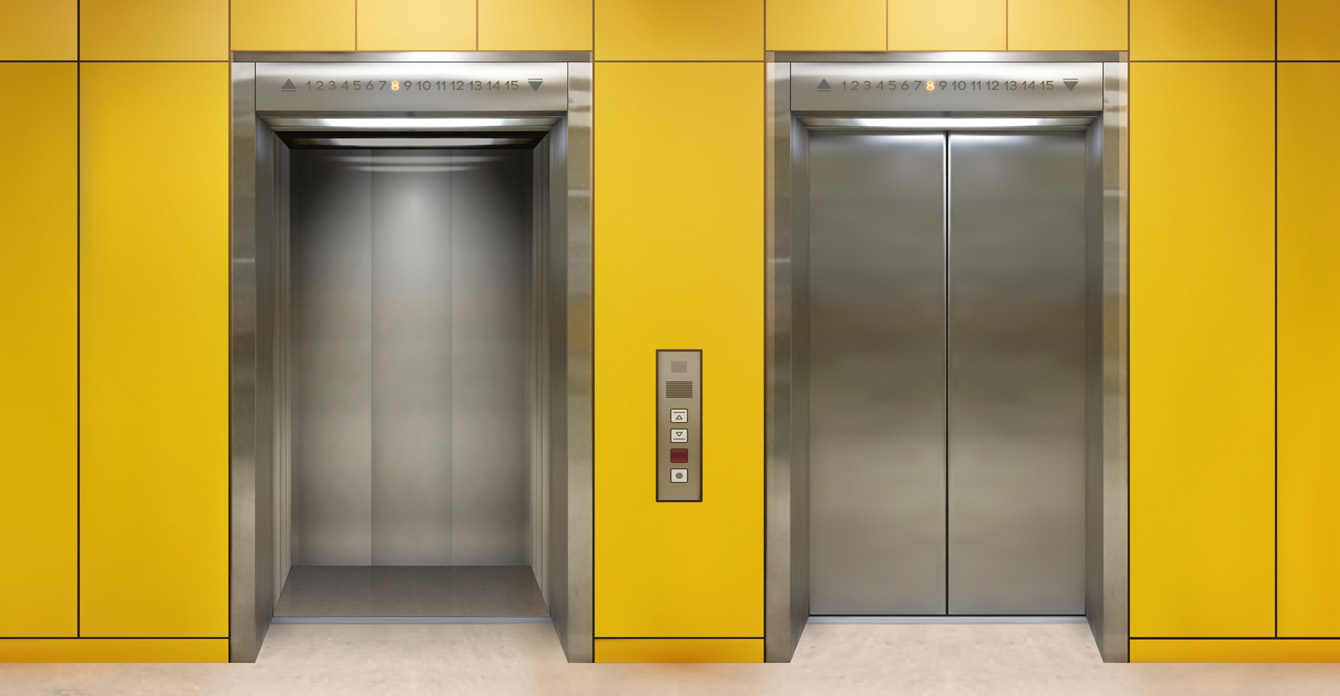 Image of Two Elevators with a Yellow Background, one open, one closed.