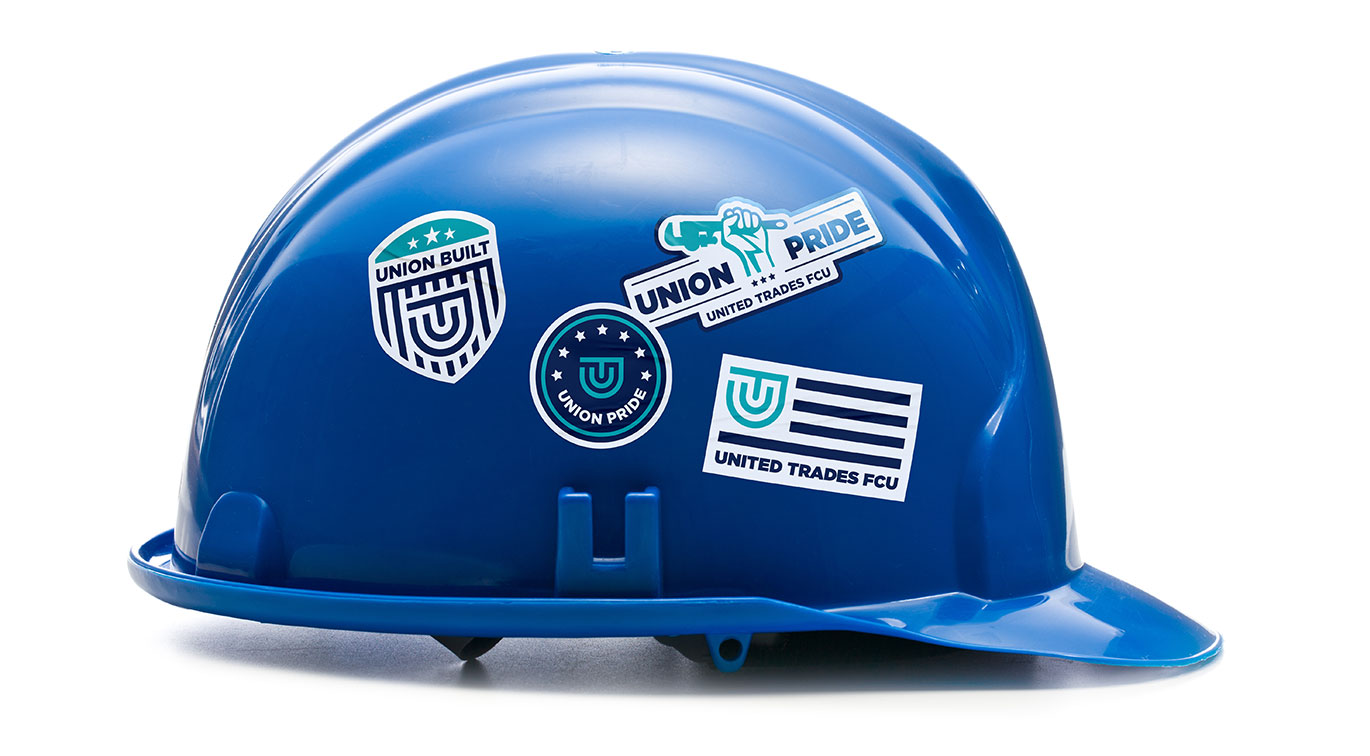 UTFCU Branded Stickers on Hard Hat designed by Austin Williams a New York Digital Marketing Agency