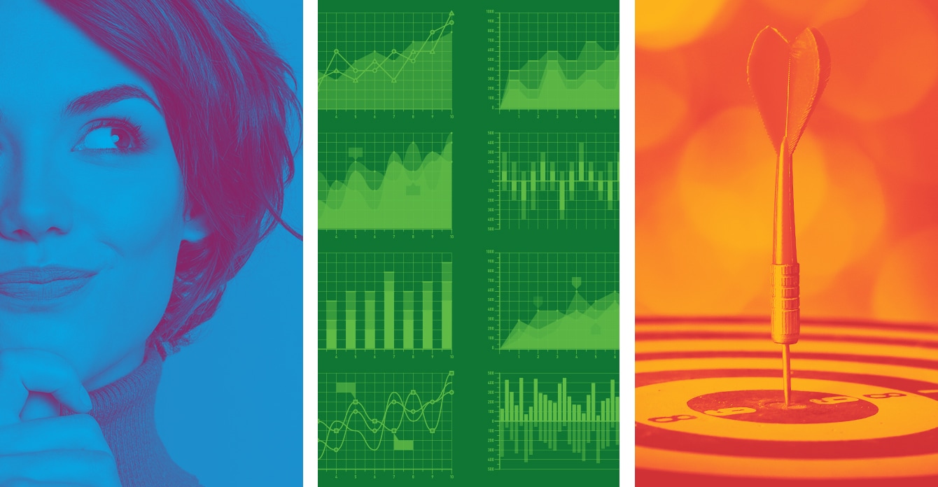 Triptych showing a creative thinking, analytic charts, and a dart in bullseye