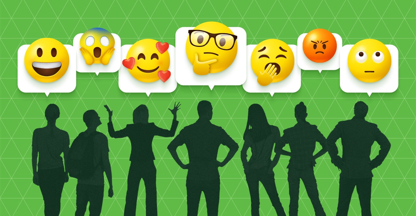Silhouettes of people with distinct emojis in chat bubbles above their heads.