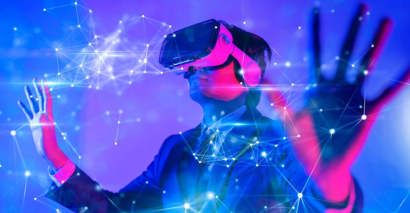Person wearing VR goggles interacting in a metaverse