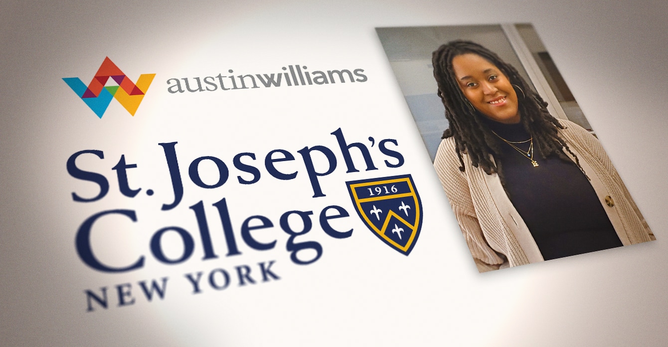Photo of Austin Williams logo and St. Josephs College logo with scholarship recipient.