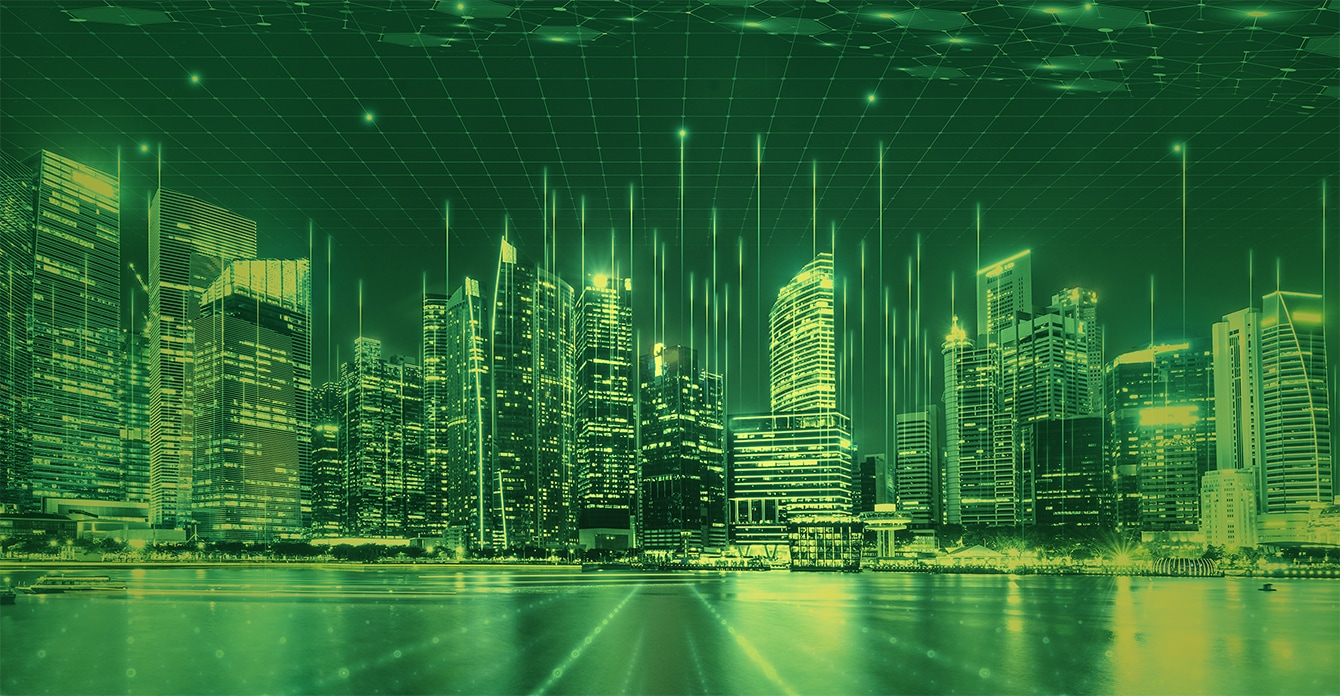 Metaverse city bathed in green digital lighting