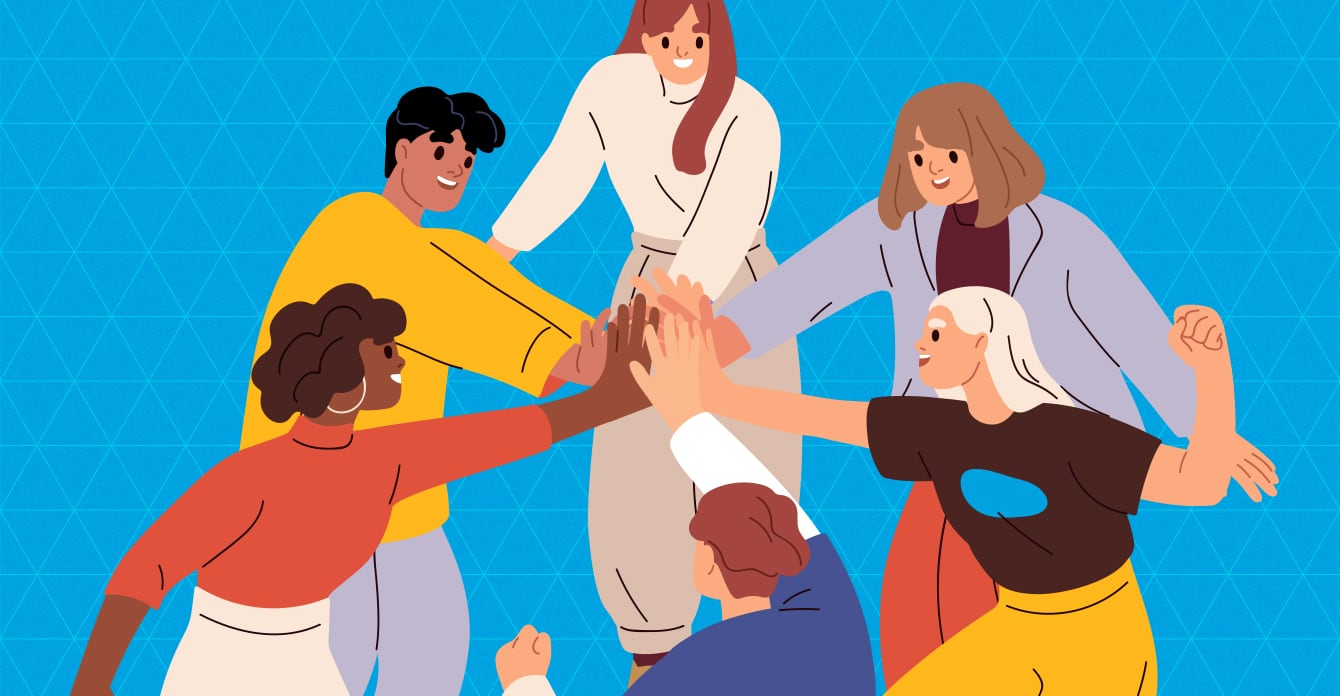 Image of illustrated people of diverse backgrounds high-fiving as a team.