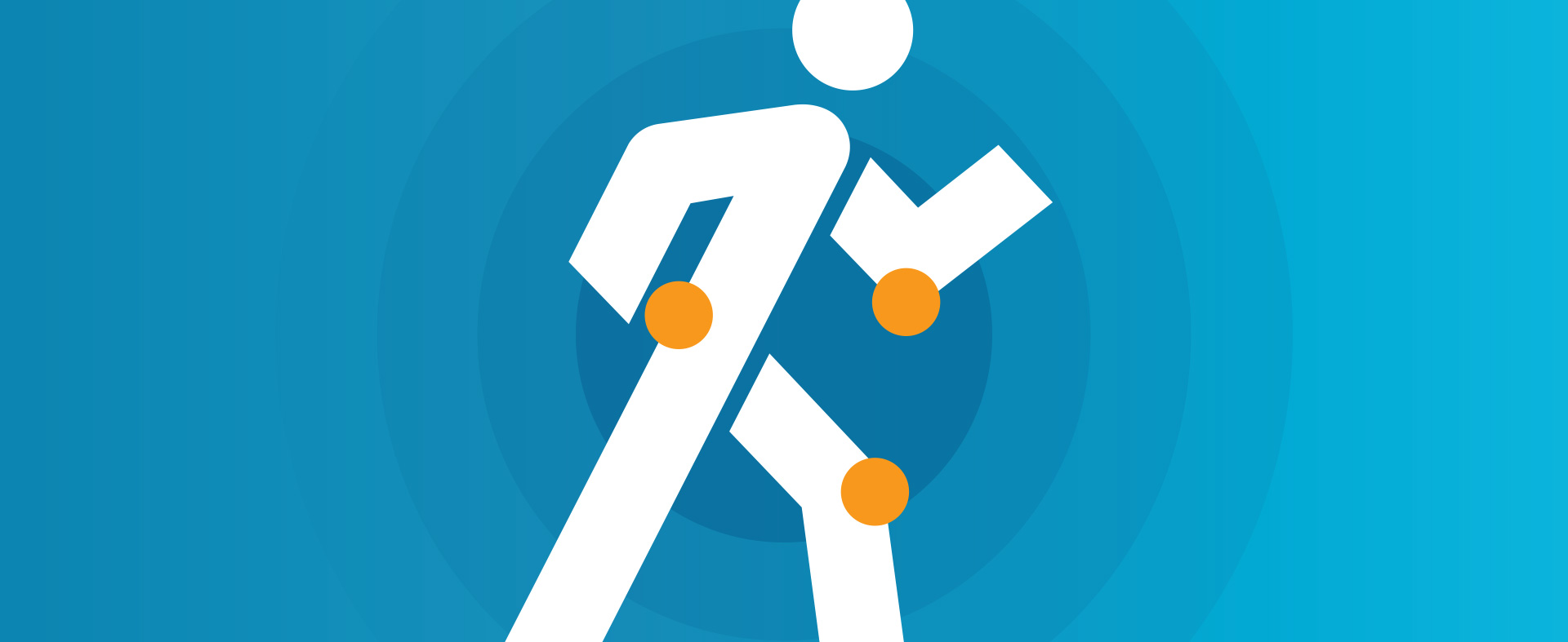 An abstract depiction of a walking person, illustrated with simple white lines and circles. The figure is viewed from the side, with dots marking joints at the shoulder, knee, and ankle. The background features a gradient of blue shades with circular design elements, evoking the style of Orlin & Cohen.