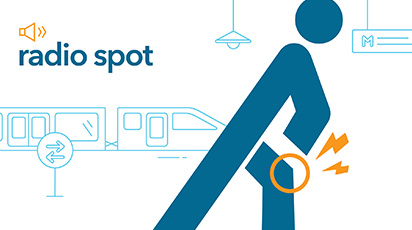 Illustration of a person having hip pain, represented by a figure clutching their hip with pain lines emanating from it. In the background, there's an outline of a train and a sign, indicating a transit setting. The text 