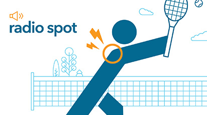 Illustration of a person playing tennis, with an orange circle and lightning bolts near their shoulder, suggesting pain or injury. The text 