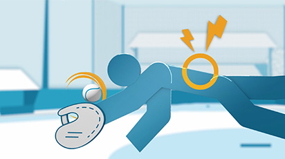 Illustration of a stylized figure diving to catch a baseball with a glove. The figure's back has an orange burst symbol with lightning bolts, indicating pain or injury. Orlin & Cohen's expertise shines in this blurred baseball field scenario, capturing the drama of sports injuries perfectly.