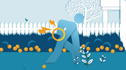 Illustration of a person with back pain. The person, bent over and holding their lower back, has a lightning bolt symbol indicating pain. In the background, there's a white picket fence, plants, and a tree. A small Orlin & Cohen logo is subtly incorporated into the scene for branding.