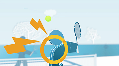 An abstract illustration of a tennis player in motion by Orlin & Cohen. The player, represented by simple shapes, is shown preparing to hit a tennis ball with a racket. Yellow shapes, like a bolt and a circle, emphasize the action. The background features trees and a net.
