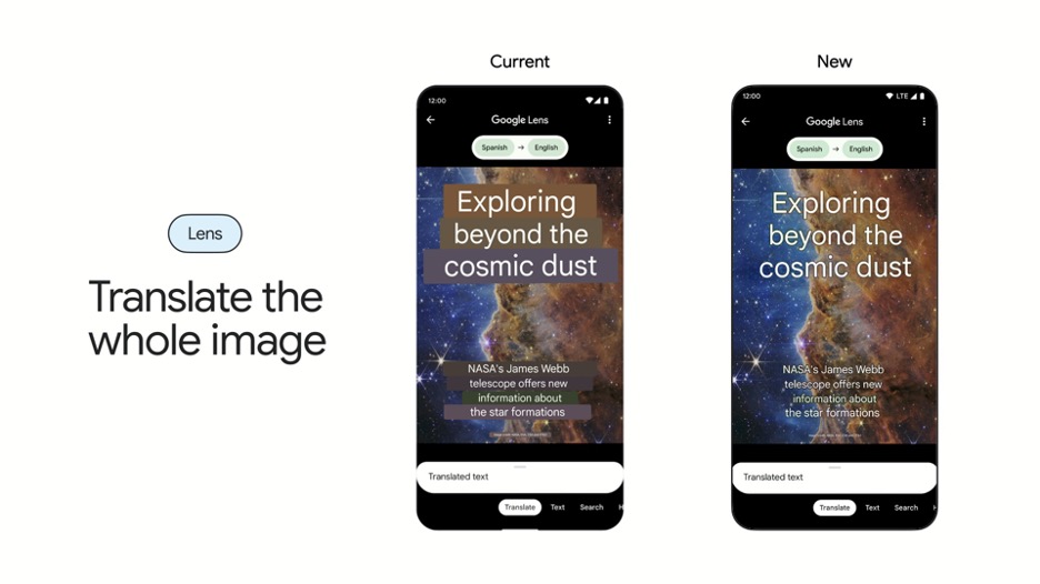 Current and new user interfaces for Google Lens translating text from inside an image