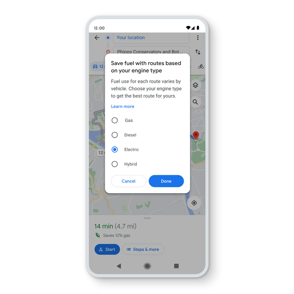 Google's UI for Eco-friendly routing