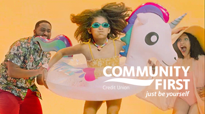 Three people are enjoying themselves with a unicorn pool float against an orange background. One person is wearing a floral shirt, the child in the middle has sunglasses and a swimsuit, and the person on the right wears a sunhat and smiles. Text reads 