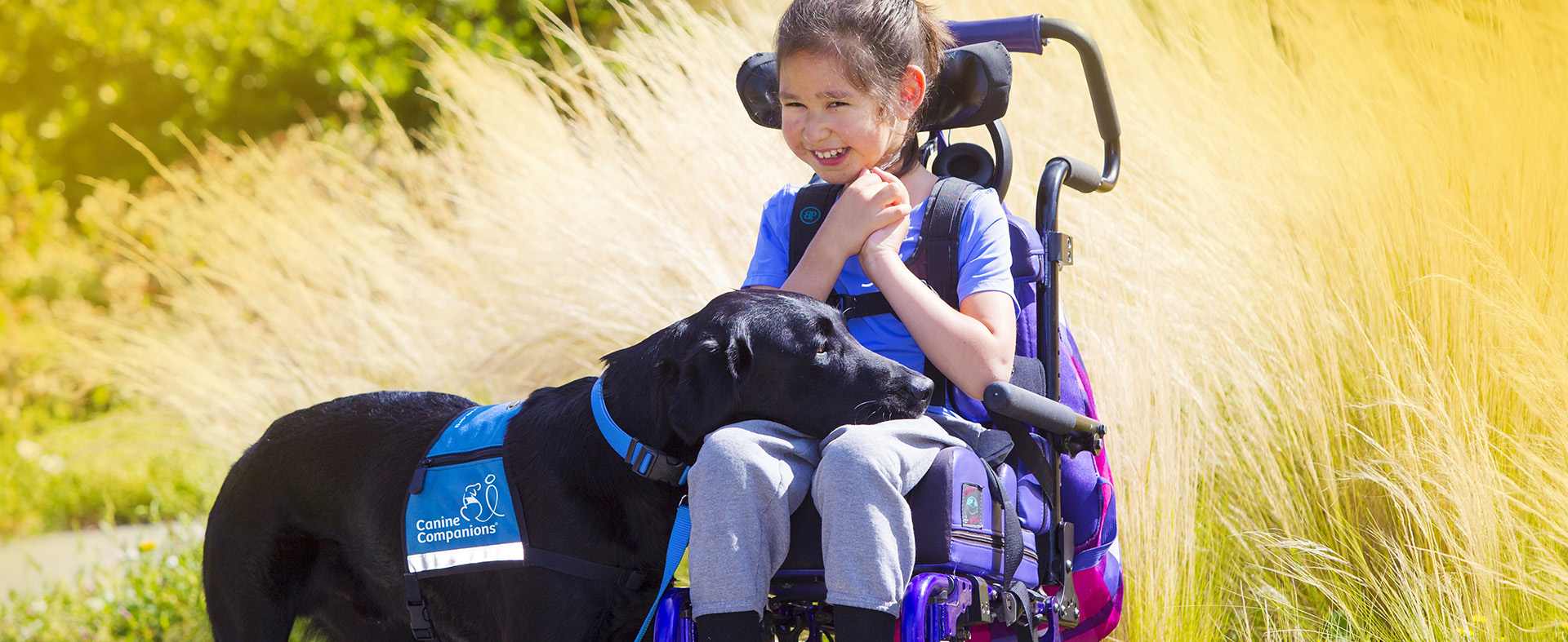 A young girl in a wheelchair smiles with a black service dog resting its head on her lap. The dog wears a blue vest with the logo and text 