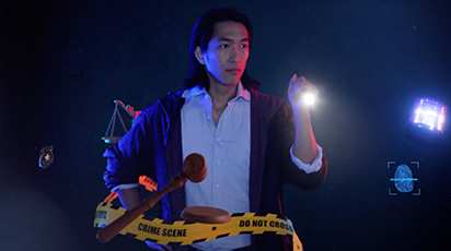 A person holding a flashlight stands in a dark room, surrounded by crime scene tape, a gavel, scales of justice, a fingerprint, and a flashing police light. The scene urges you to live your story as it unfolds like an intricate crime investigation.