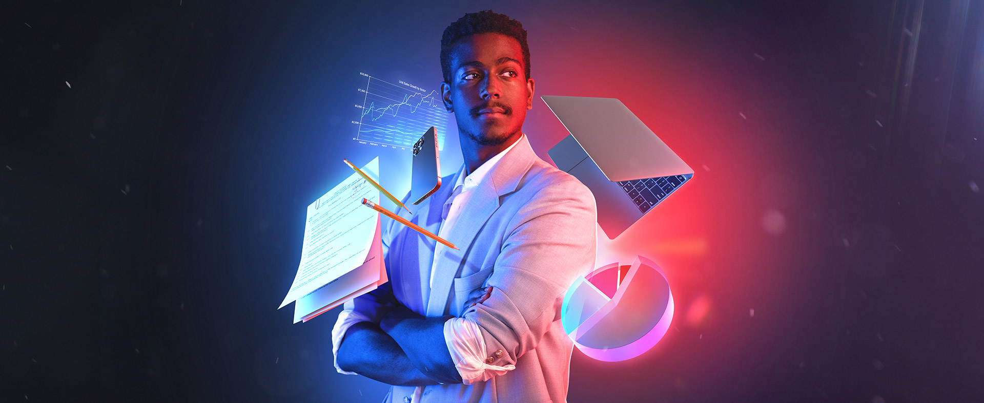 A man in a white suit stands confidently with arms crossed, surrounded by floating digital elements like charts, a laptop, pencils, and papers. The blue and red lighting creates a dynamic, futuristic atmosphere where he prepares to live his story.