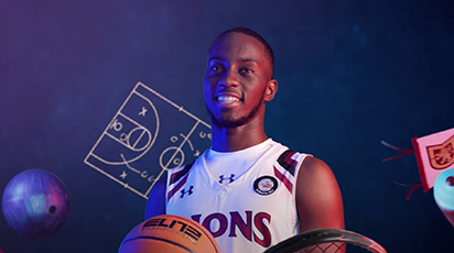 A person in a basketball jersey holding a basketball smiles at the camera, ready to live their story. Behind them, illustrations of a basketball court strategy, a hoop, and team banners come alive against the dark blue background.