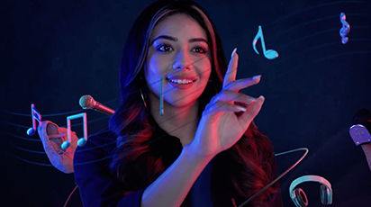 A woman engages with digital musical notes, surrounded by a microphone and headphones, embodying the essence of 