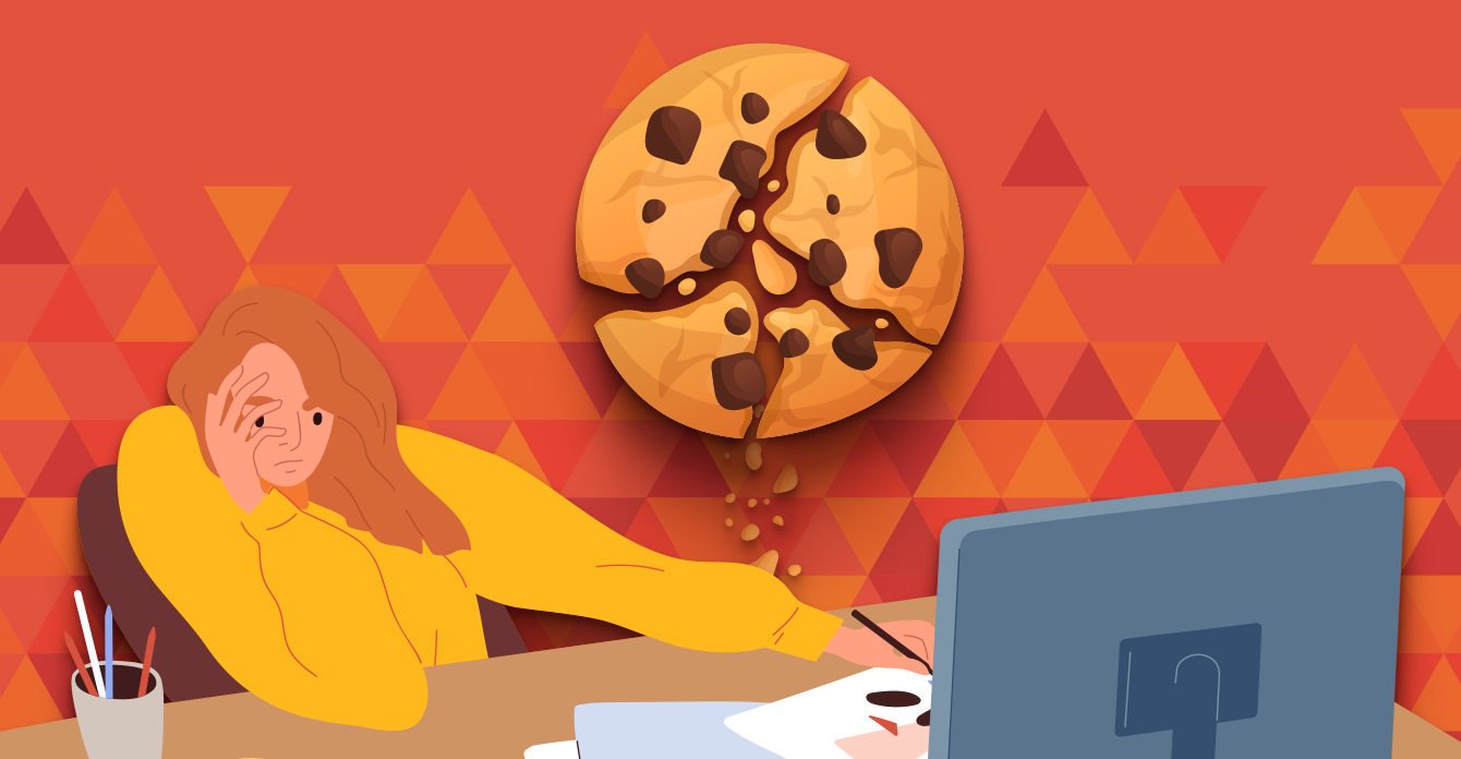 Illustration of frustrated woman on a computer. A giant cookie clock is crumbling on the wall behind her.